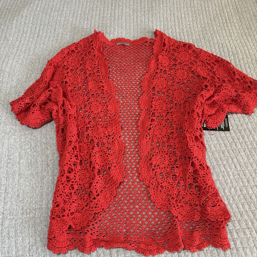 Jessica London Red Crochet Open Knit Floral Kimono Coverup Festival Boho Swim 1X